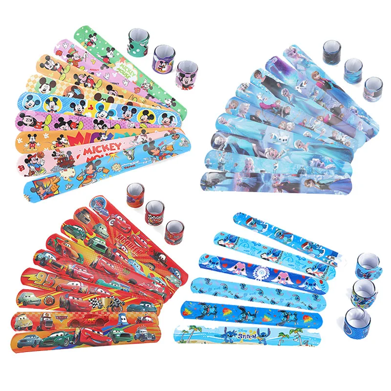 12 Uds Disney Frozen Mickey Anime Stitch McQueen pulseras a presión rellenos de piñata para niños fiesta de cumpleaños Baby Shower favores regalos