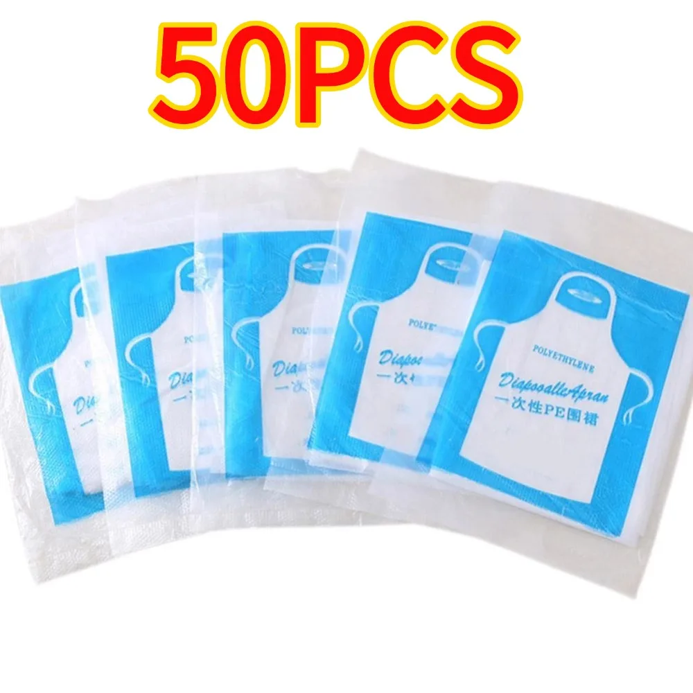 50PCS Disposable Kitchen Aprons Plastic Waterproof Apron Individually Packing Gowns for Men Women Kitchen Protection Accessorie