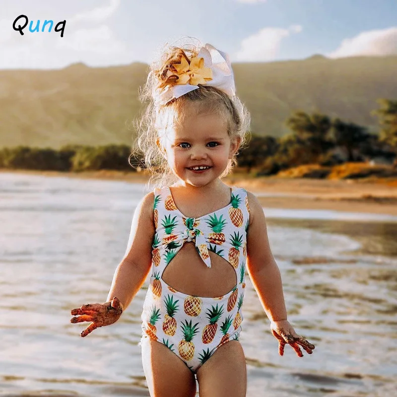 

Qunq 2022 Summer New Girls Sleeveless Hollowed-Out Pineapple Print Lovely Vest One-Piece Swimsuit children Swimwear Age 3T-8T