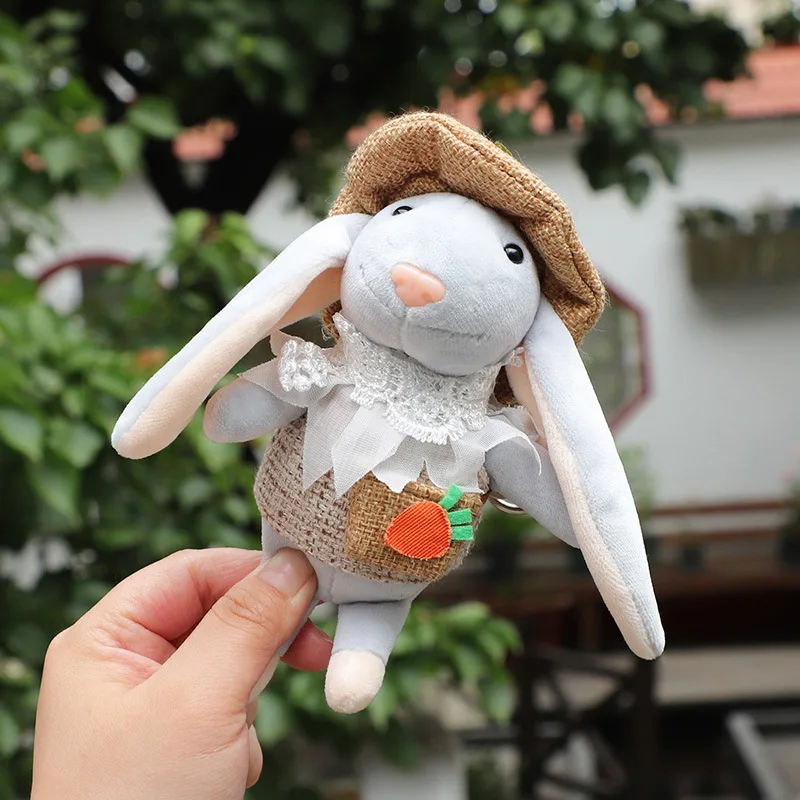 Kawaii Straw Hat Rabbit Mouse Dress Up Plush Toy Women Bag Pendant Plush Keychain Garden Decor Holiday Gifts Toys For Girls
