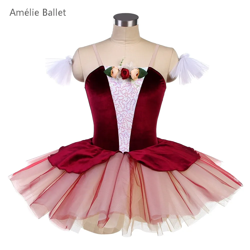 

25150 New Ballet Costumes Burgundy Velvet Bodice Dance Costumes Adult Girls Stage Performance Tutu Romantic Ballet Costumes