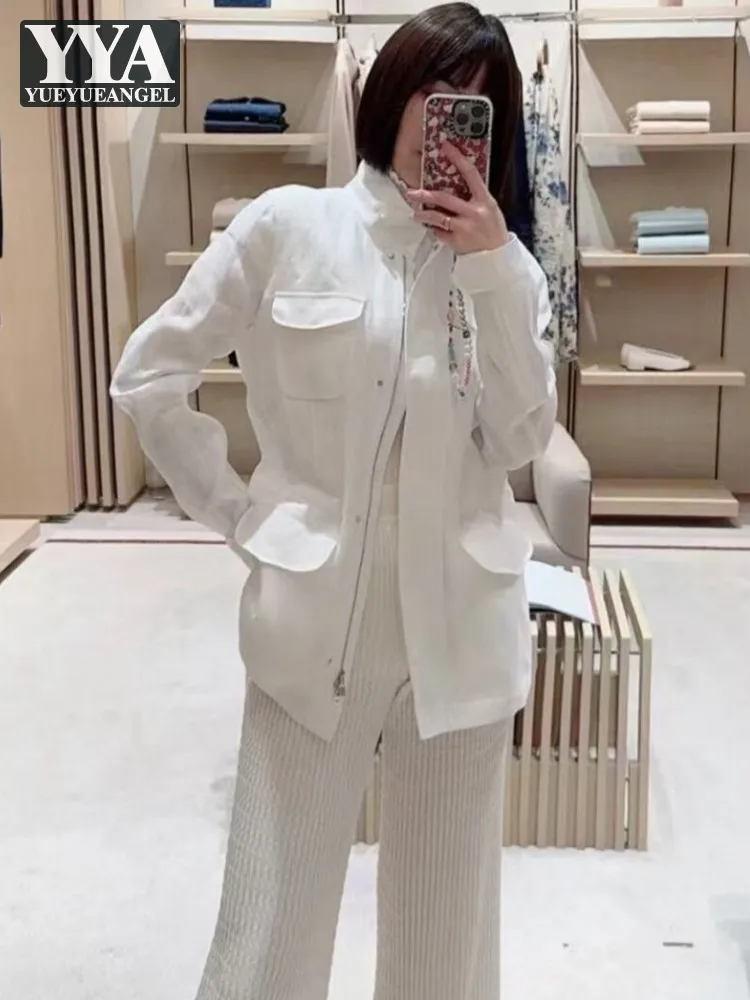 Fashion Women Office Solid Color Linen Turn Down Collar Multi Pocket Workwear Jacket Casual Ladies Outerwear Long Sleeve Coats