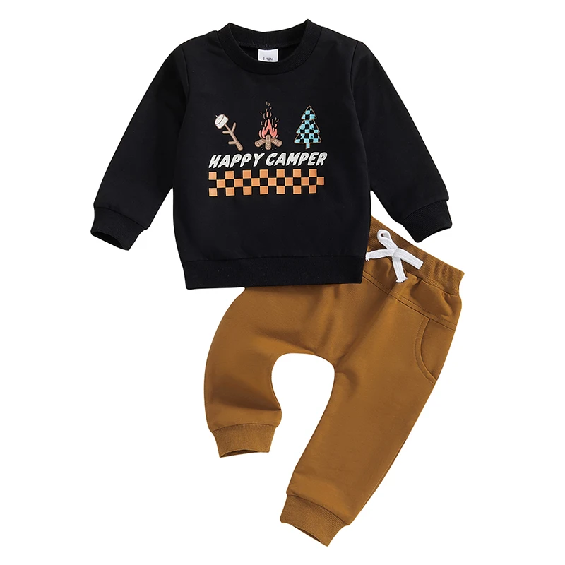 

Baby Boy Fall Outfit Camping Pattern Letter Print Long Sleeve Sweatshirt and Elastic Pants 2 Piece Clothes for Toddler