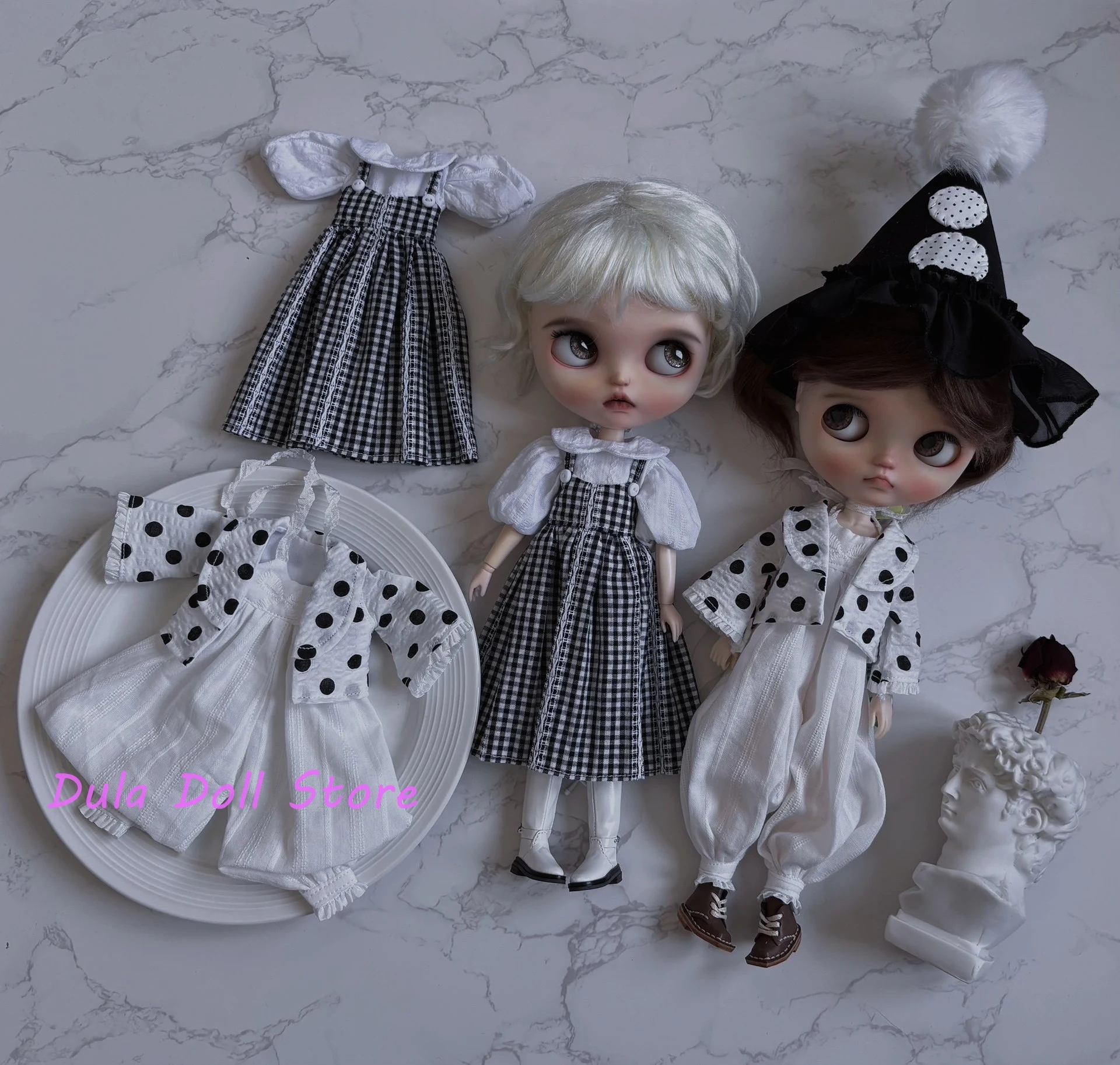 Roupas de boneca Dula Casaco de bolinhas branco bloomers conjunto de chapéu de bruxa Blythe ob24 ob22 ICY JerryB 1/6 Bjd Acessórios para bonecas