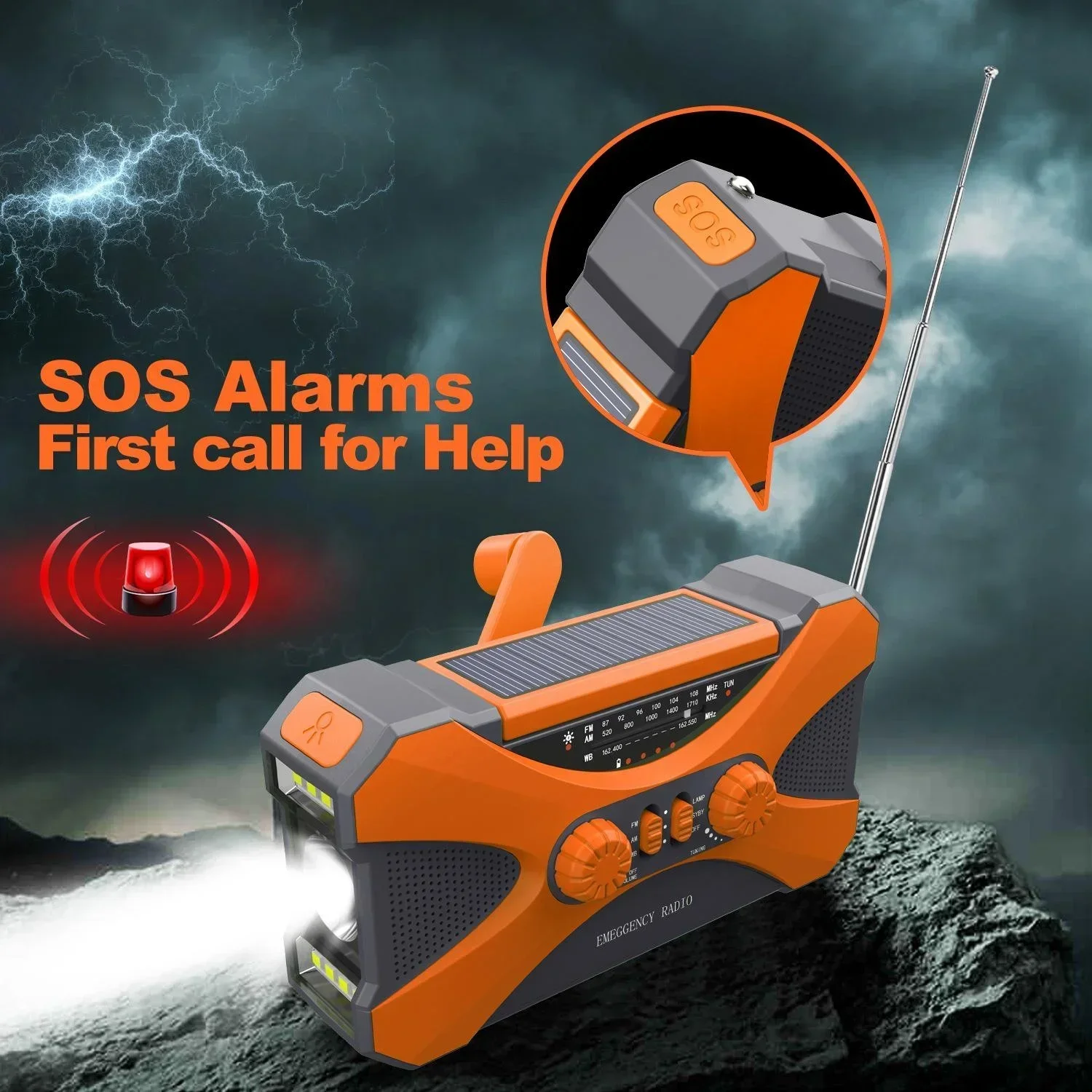 Multifunctional 10000mAh Solar Crank Radio  AM/FM/NOAA Weather Alert, Dual Stereo Speakers, Phone Charger, LED Torch & SOS Alarm
