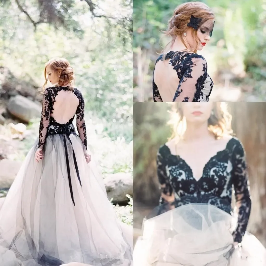 Vestido de novia de encaje de manga larga, calcomanía de tul con cuello en V, Espalda descubierta, personalizado, blanco y negro, elegante y clásico, 2024