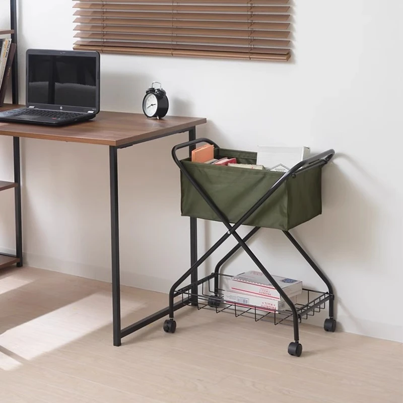 

Foldable storage cart Japanese style mobile retro canvas storage basket iron wire basket dining car with wheels