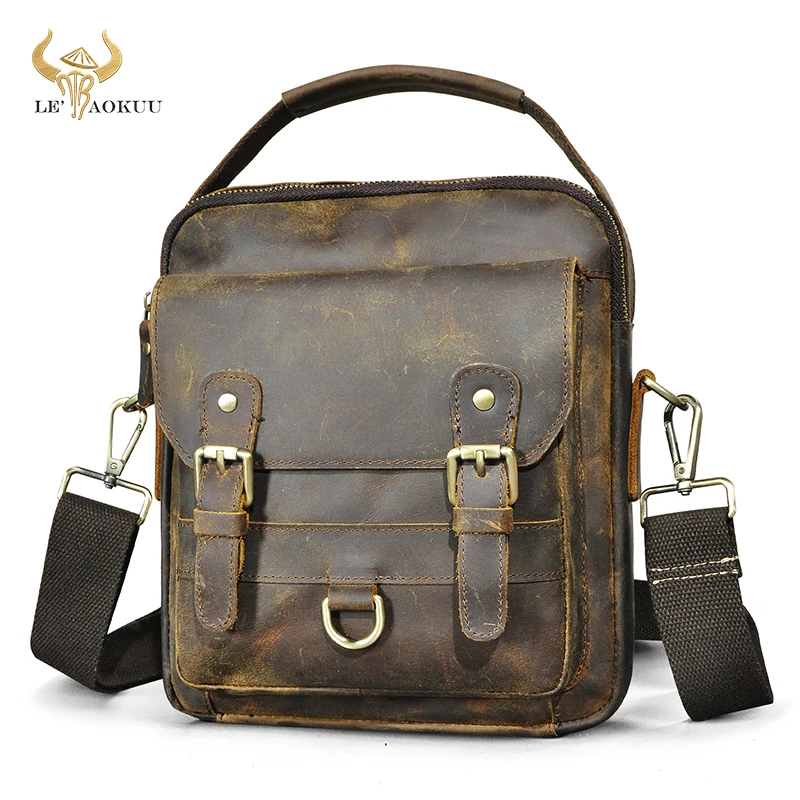 

Genuine Crazy Horse Leather Vintage Design Satchel Crossbody Messenger Strap Bag For Men Male 10" College Tote Tablet Bag 163