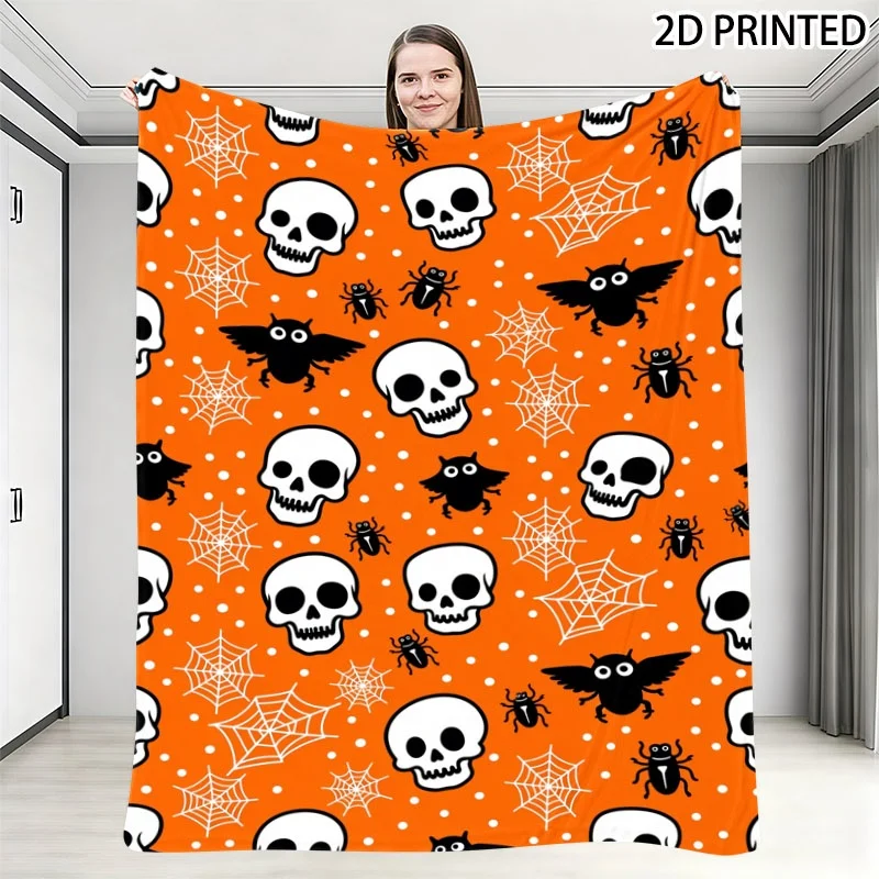 Playful Spooky Halloween Themed Small Throw Blanket, Orange Background with Scattered Skulls, Spiders, Beetles & Spider Web Prin