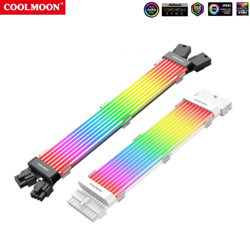 

COOLMOON 5V ARGB 3PIN 4PIN Computer Motheboard Neon Extension Cable C200EX C260EX Sync PC Case LED Light Bar PSU 24P 8Pin Cables