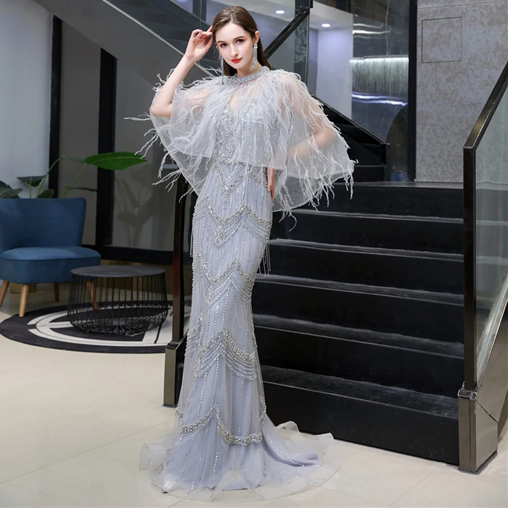 Luxury Dubai Mermaid Evening Dresses With Feathers Shawl Cape Crystal Prom Graduation Formal Party Gowns Vestidos Custom Made