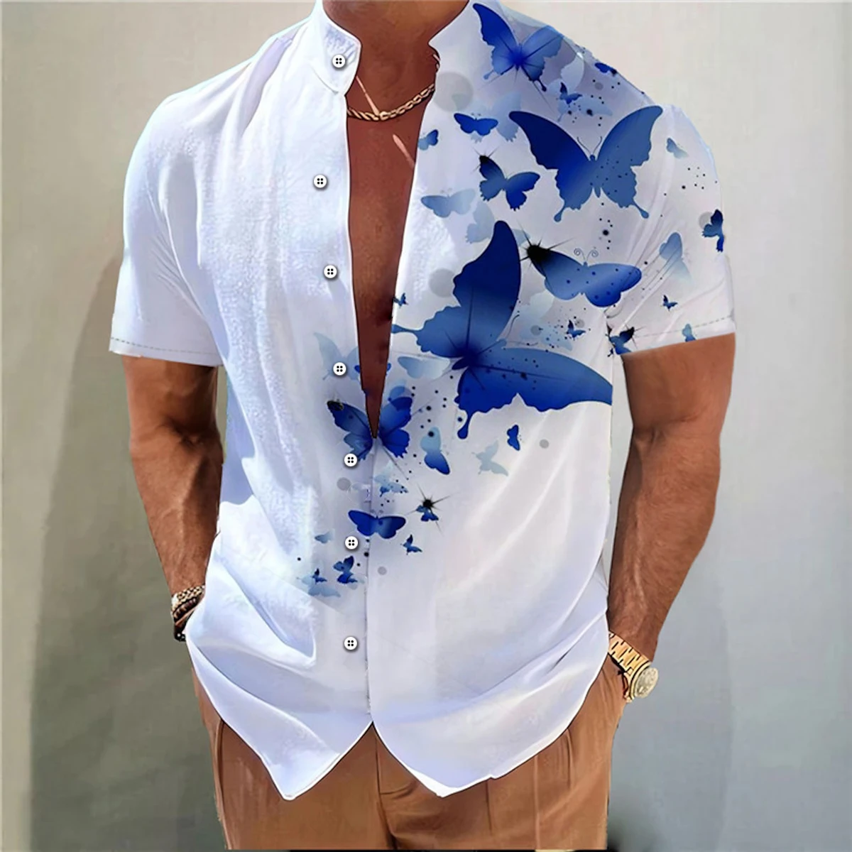 2025 Men's Shirt Butterfly Pattern 3D Printing Stand Collar Multi-color Outdoor Street Short Sleeve Hawaiian Muslim Men Clothing