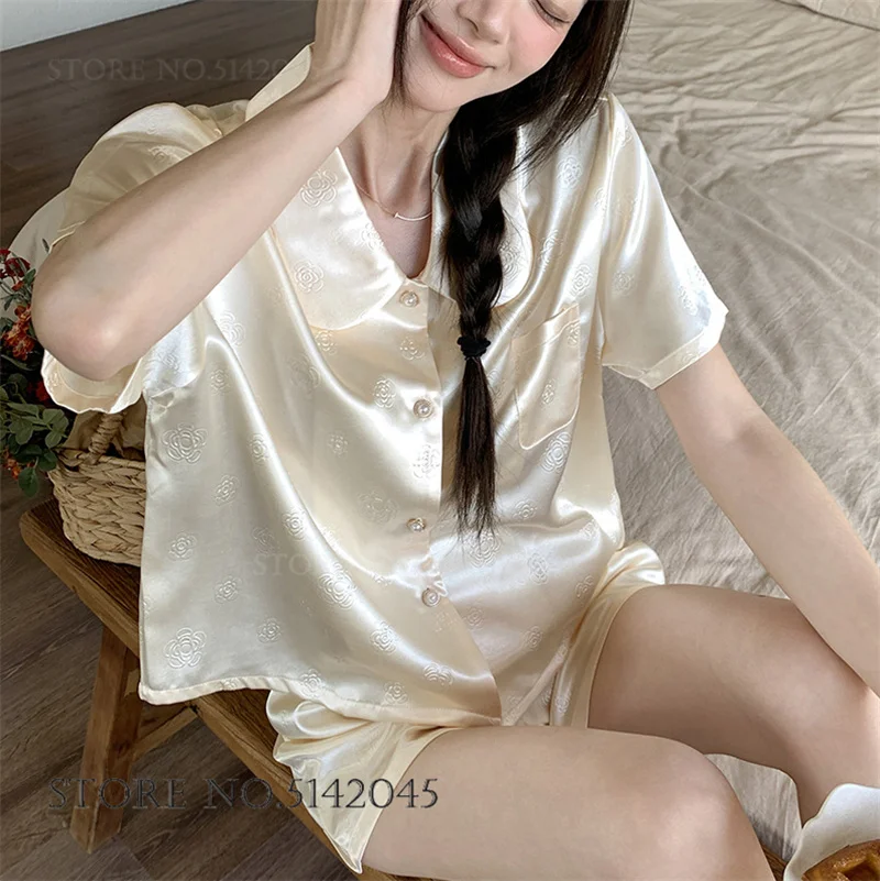 Summer New Female 2Pcs Pajamas Set Sleepwear Sweet Champagne Short Sleeve Shorts Pijamas Suit Home Clothes Loose Ice Silk Pyjama