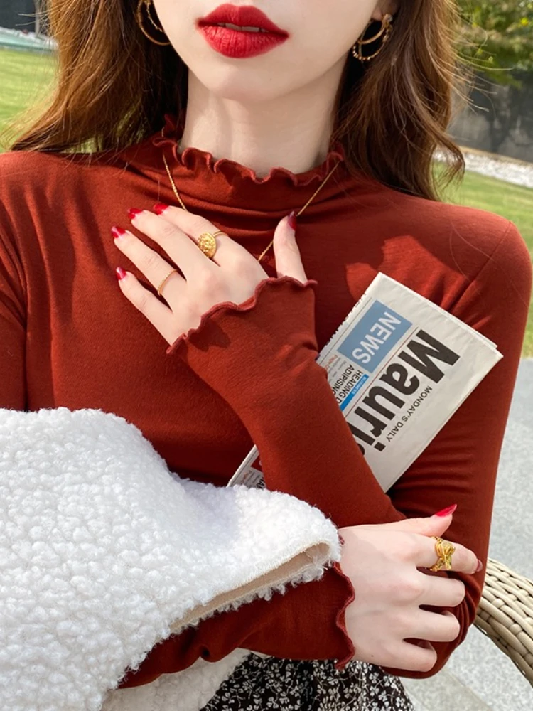 2025 Women's Slim Long Sleeve Base Shirt Fashionable Turtleneck Solid  Autumn Winter T-shirt Korean Style Simple Base Layer Tops
