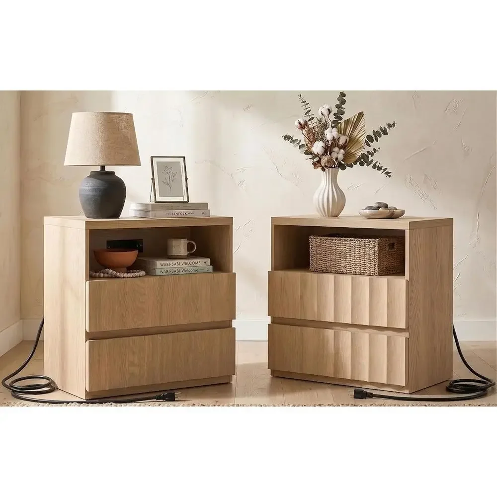 Wide luted Nightstand Set o 2 with Charging Station, Side Table with Dist Rear Cord Cutouts, 2 Ders Wooden ern Organic End Table