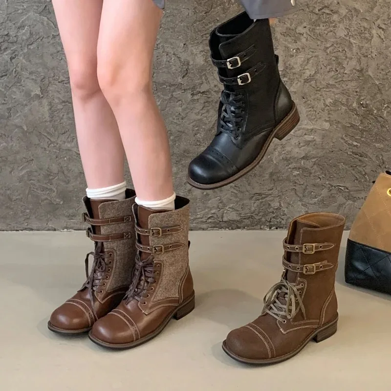 

Luxury Women's Boots Spring Autumn Vintage Design Lace-up Women Knee High Boots Women Fashion Shoes Women Round Toe Square Boots
