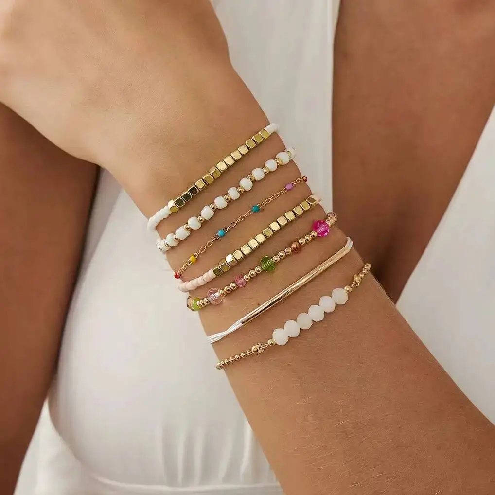 7 قطعة/المجموعة Y2K البوهيمي كريستال سلسلة أساور ملونة الحد الأدنى أساور مرنة للنساء اليومية حزب زوجين مجوهرات