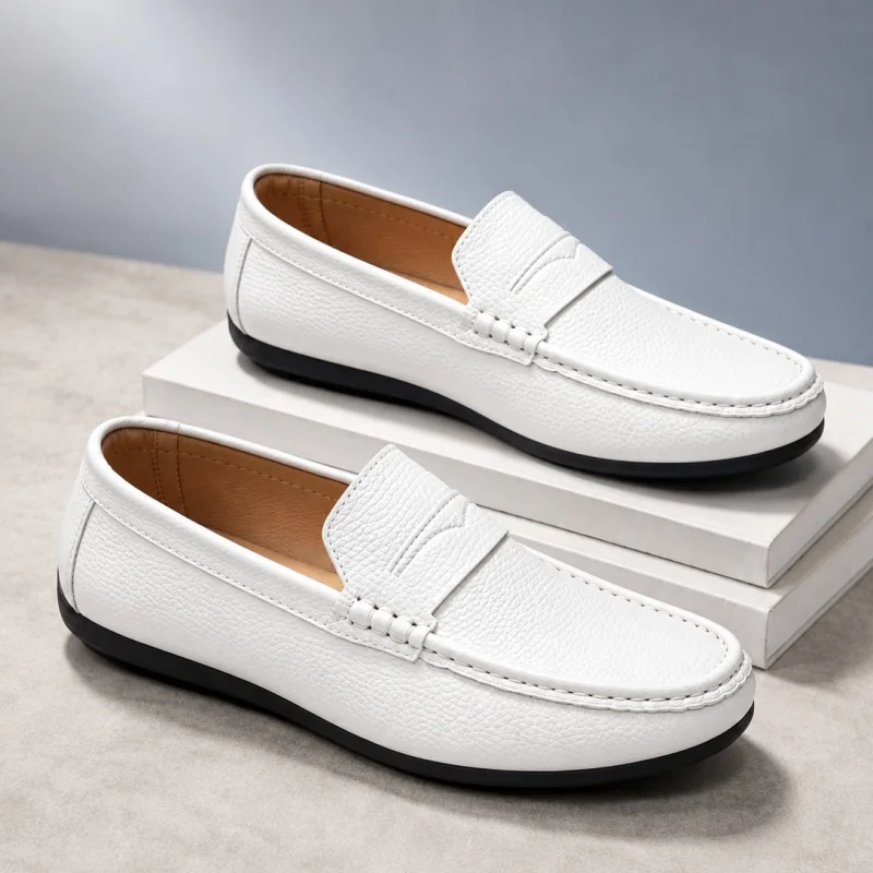 Fashion White Casual Shoes For Men Lazy Shoes Comfortable Leather Loafers Man Non-slip Men's Driving Shoes Flat Slip-on Shoes