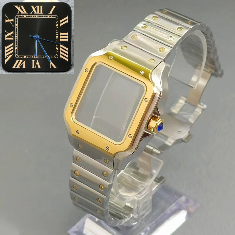 

NH35 Case 38mm Square Santos Steel Case Sapphire Crystal Glass Fits for NH35 NH36 4R 7S26 Mechanical movement Replace Watch Case