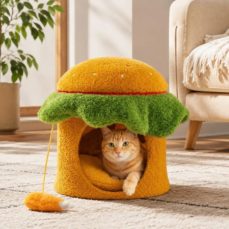 Nichoir pour chat en forme de hamburger 45x45x30 cm en bois, tissu peluche Teddy et polyester, coussin amovible et lavable, perchoir supérieur avec jouet suspendu, espace de repos privé, conçu pour salon, studio et autres lieux