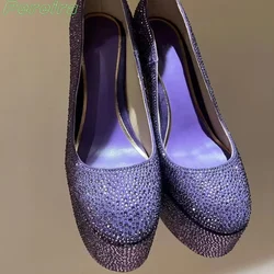 Pereira Purple Rhinestone Platform Sandals Pointed Toe Buckle Strap Shallow Cover Heel  2024  Women Solid High Heels Square Heel