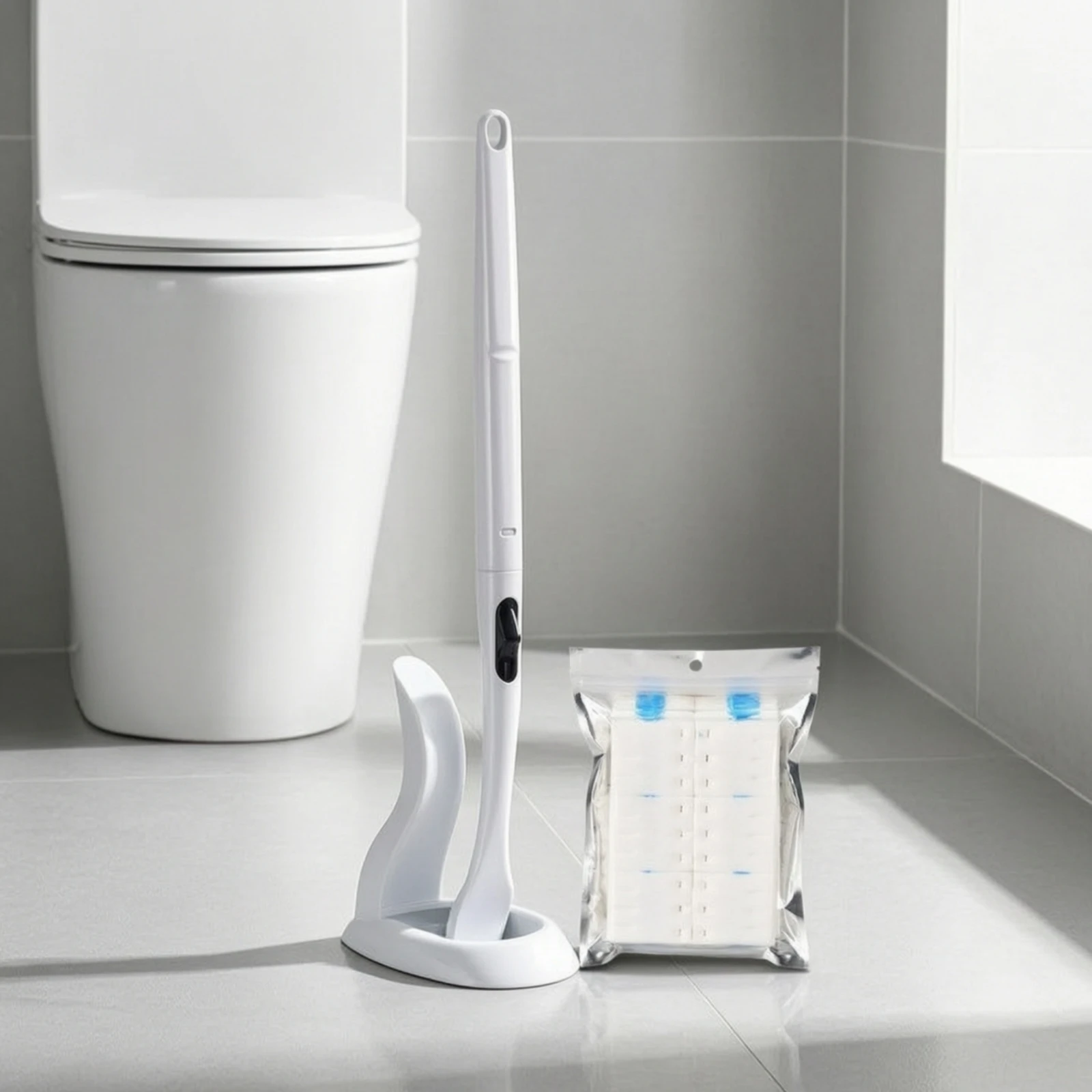 Image 7: Brosse de toilette jetable avec support, système de nettoyage de toilettes remplaçable avec têtes de rechange, nettoyant compact et peu encombrant