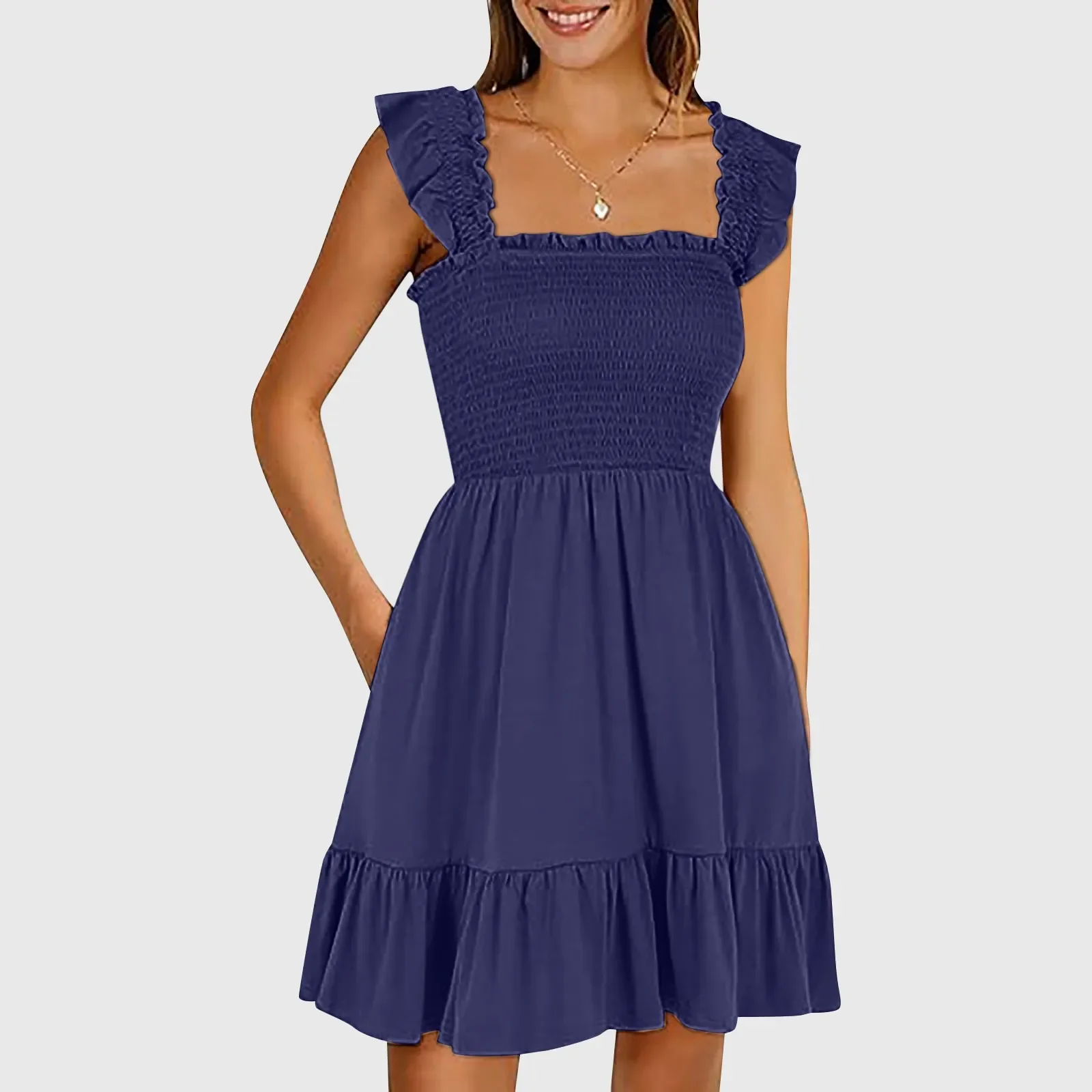 Solid Color Pleated Smocked Ruffles Dress Women Summer Elegant Square Collar V Neck Short Sleeve Dress Office Party A Line Dress