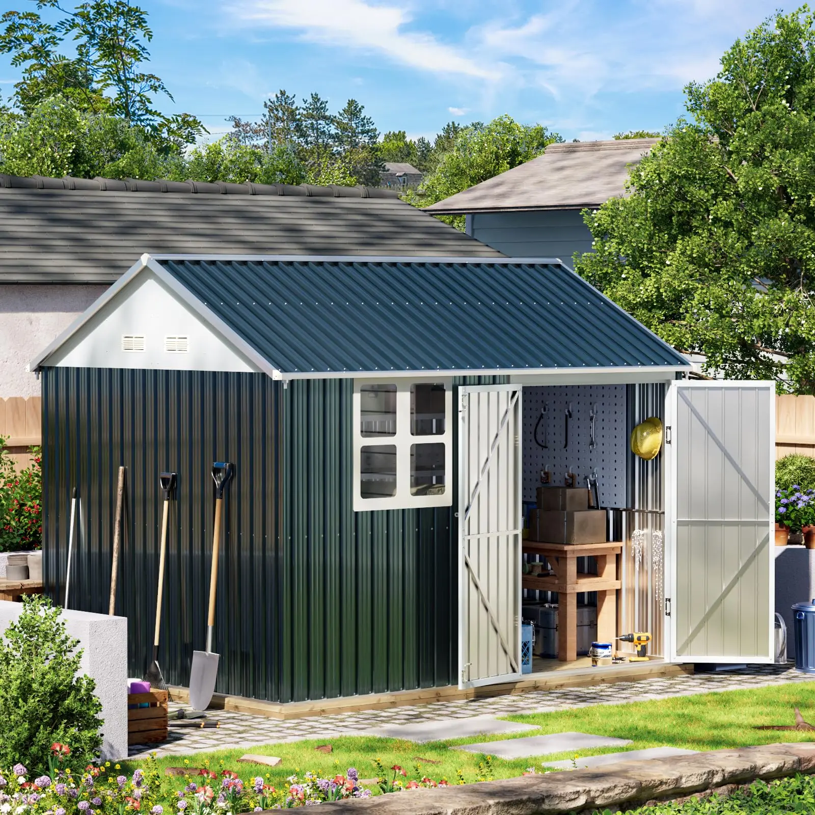 Outdoor Steel Storage Shed with Lockable Doors One Window Ideal for Garden Backyard Patio Storage