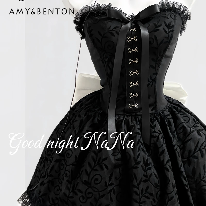 

French Black Bow Lace Hollow Out Sexy Princess Dress Original Design 2025 New Sweet Waist-Cinching Puffy Tube Top Dresses Ladies