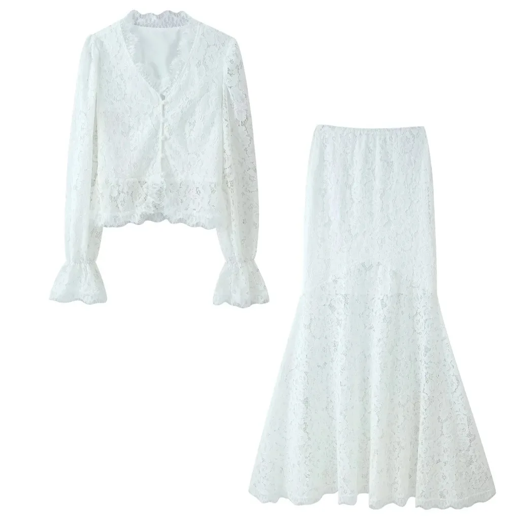 Mingmingxi Elegant White eyelash lace Lace Two Piece Set Autumn Long Sleeve Crop Top and Mermaid Skirt Women Matching Sets