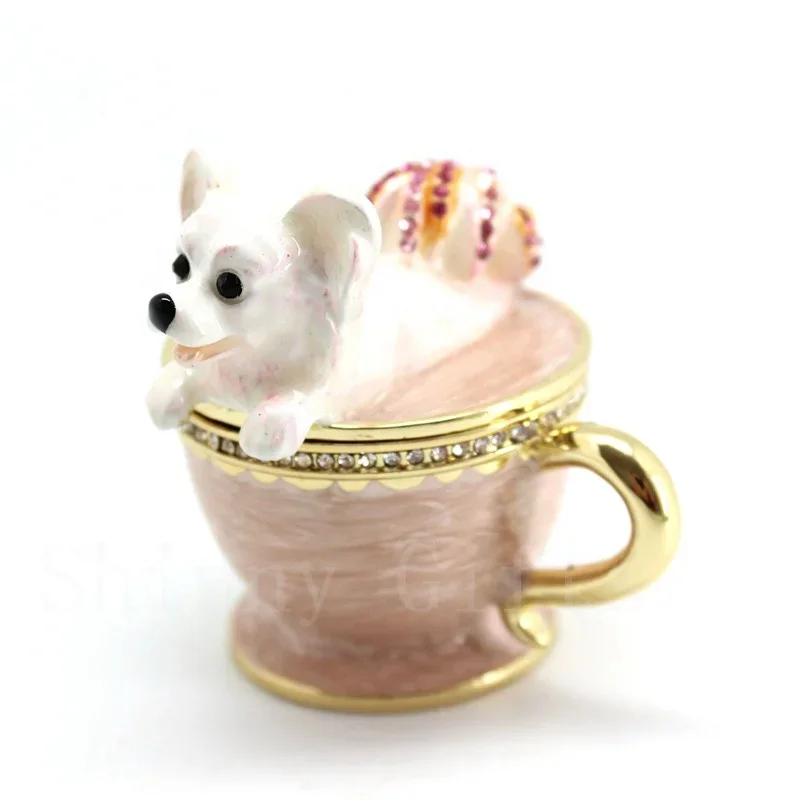 SHINNYGIFTS Christmas Gifts Pewter Enamel Dog on Coffee Cup Trinket box Home Decorative Jewelry Gift Box