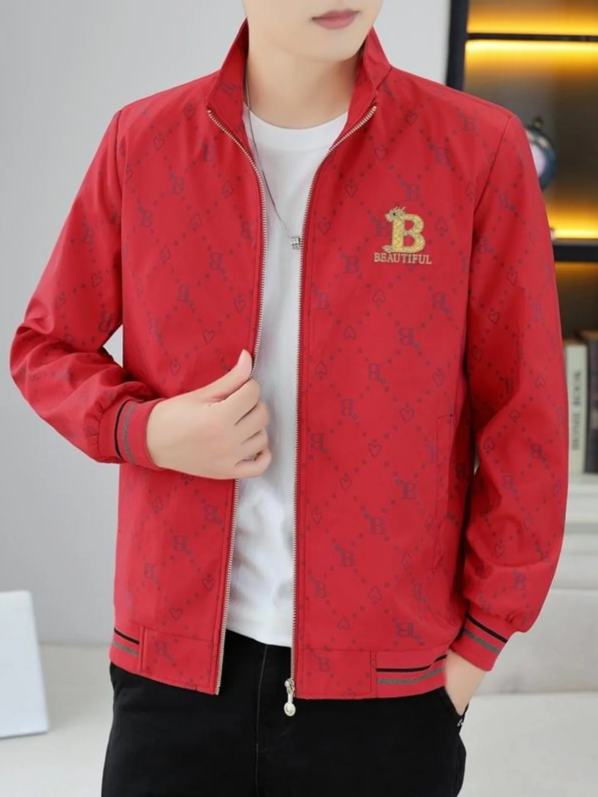 

Модная мужская куртка на весну-осень, новинка, с воротником-стойкой, с принтом и вышивкой в виде сердца, брендовая, индивидуальный дизайн, верхняя одежда из полиэфирного волокна