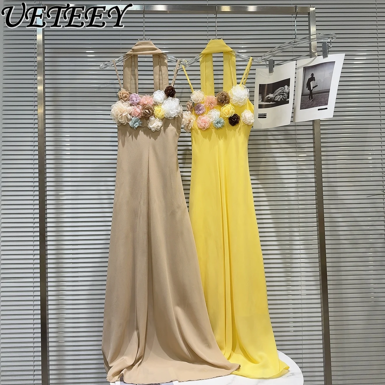

Seaside Vacation Style Fashion Sleeveless Long Dress Summer New Colored Flower Light Chiffon Beach Suspender Maxi Dresses