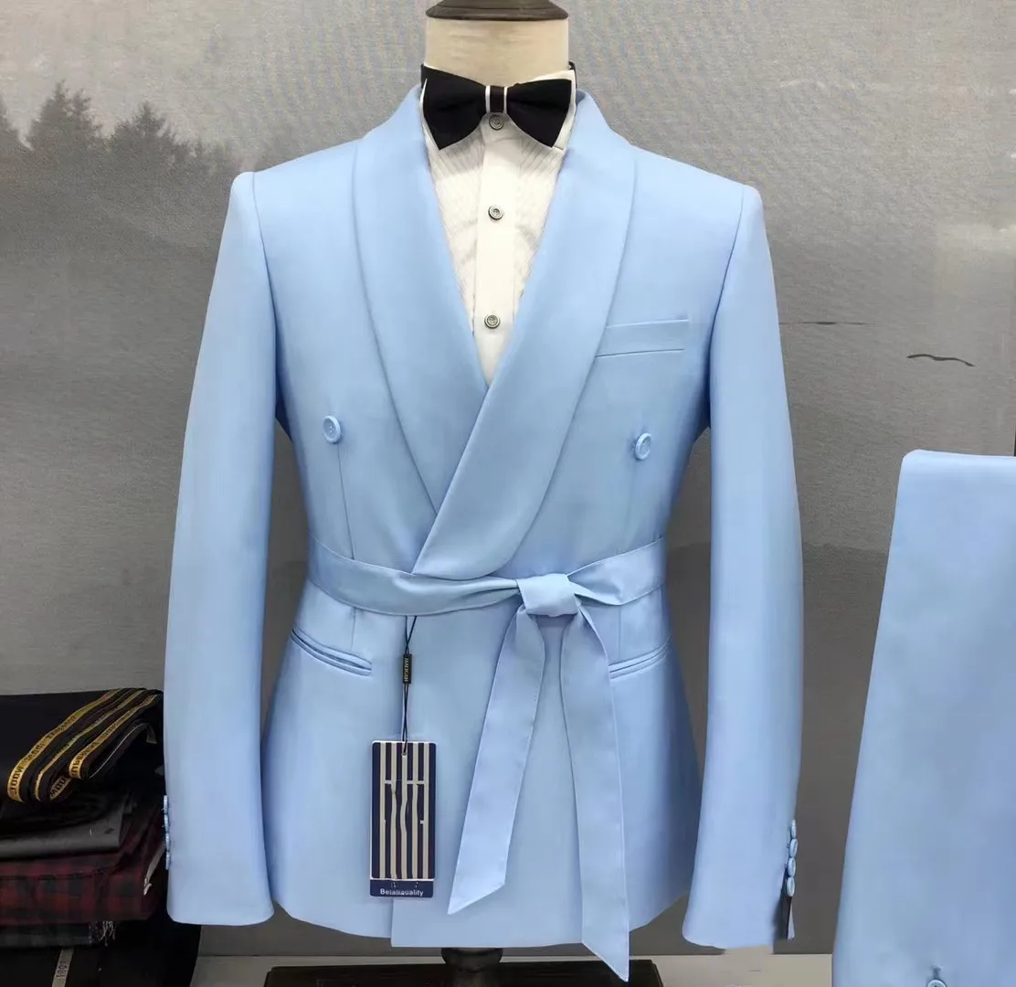 Pakaian pernikahan pria, disesuaikan, mode biru muda, dipasangkan dengan sabuk Formal pengantin pria, kerah syal, Prom untuk pria, Blazer Slim Fit