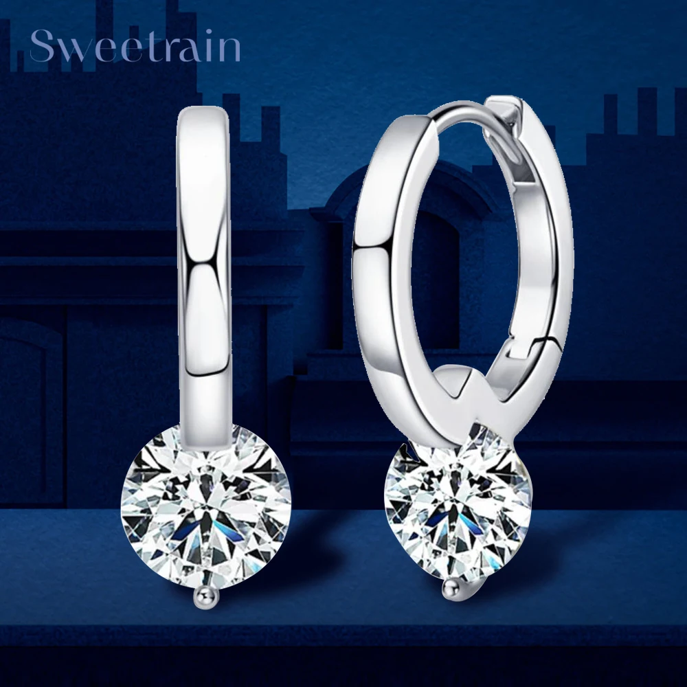 Sweetrain Certified Original 925 Silver Earrings For Women 1 Carat Classic Simple Moissanite Drop Earring Sparkling Fine Jewelry