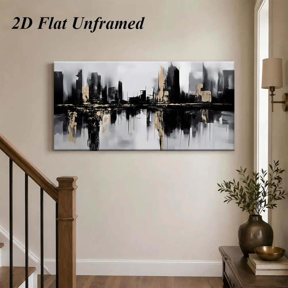 1 modern abstract city reflection decoration painting, black, white, gold, tricolor art, frameless painting, 2D plan