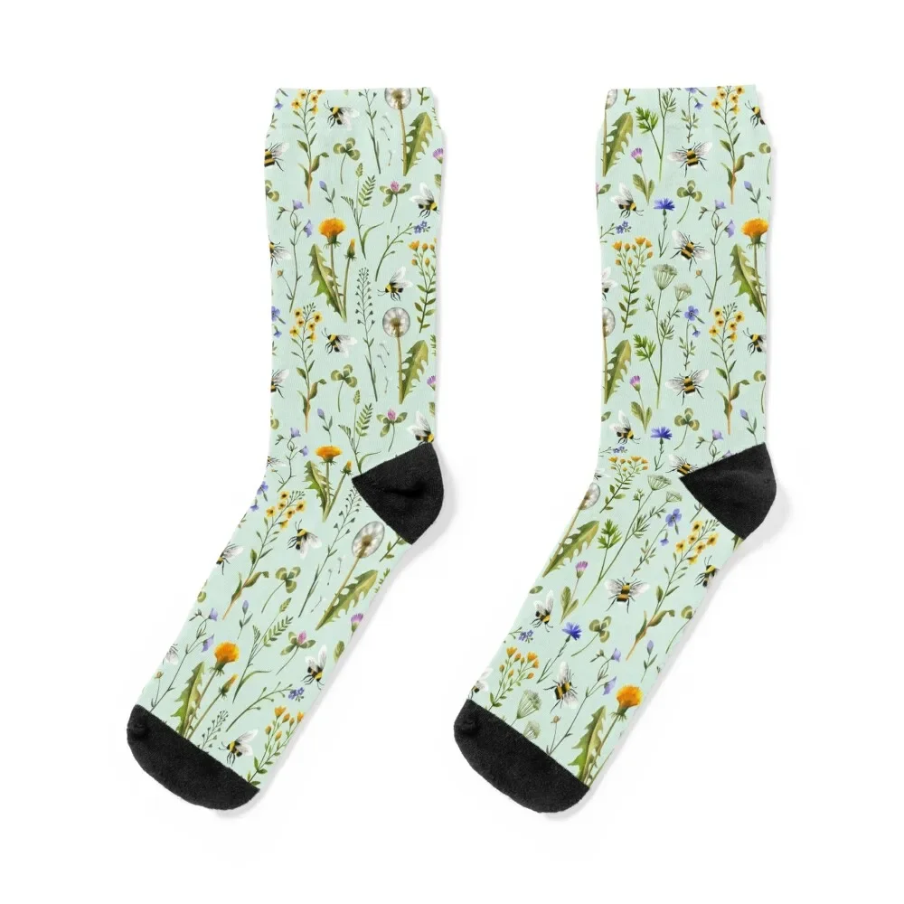 Bees and wildflowers on mint Socks Lots custom christmas gift Socks Woman Men's