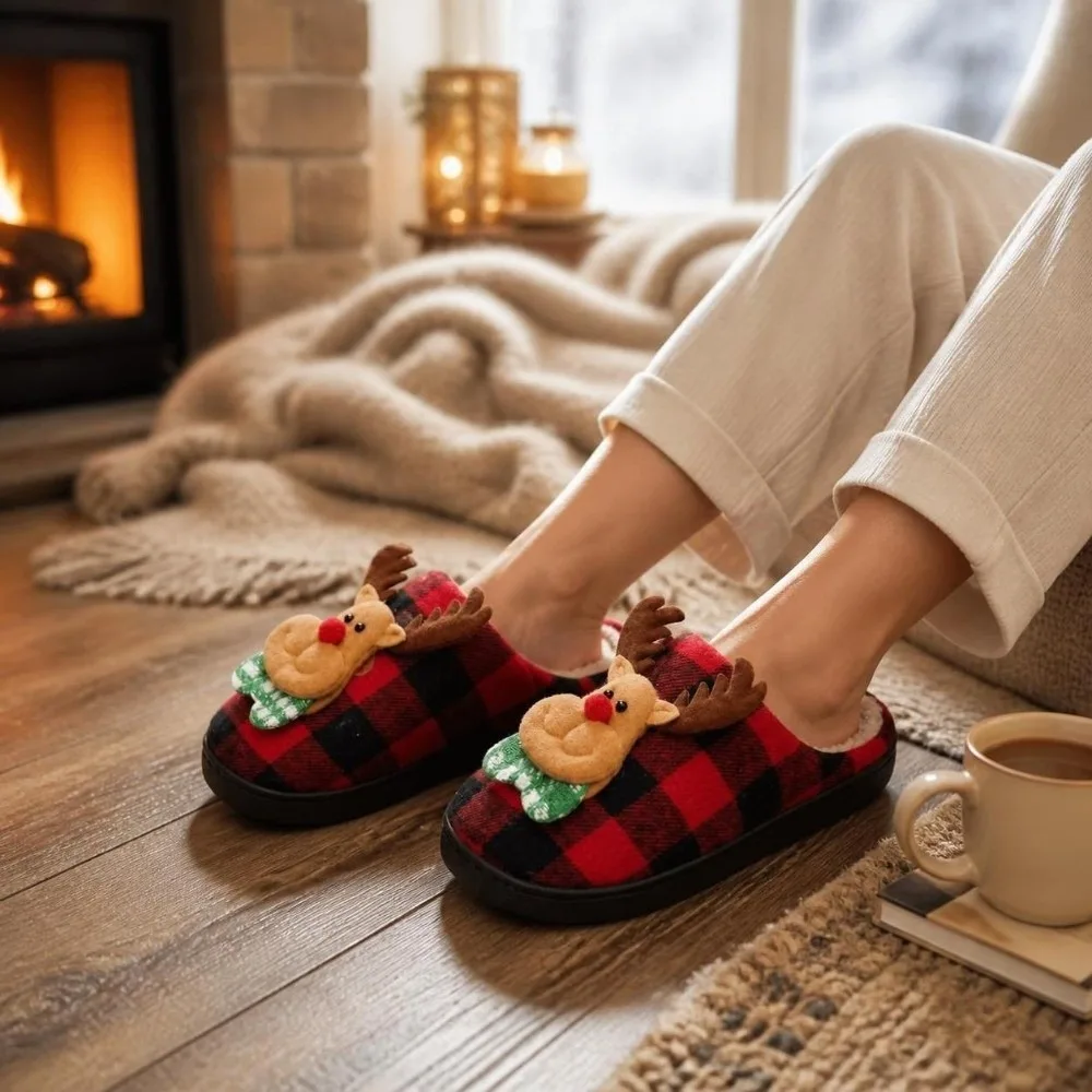 Gifts Bear Christmas Slippers Santa Claus Deer Fuzzy Slippers Plaid Pattern Anti Slip Indoor Slippers Winter