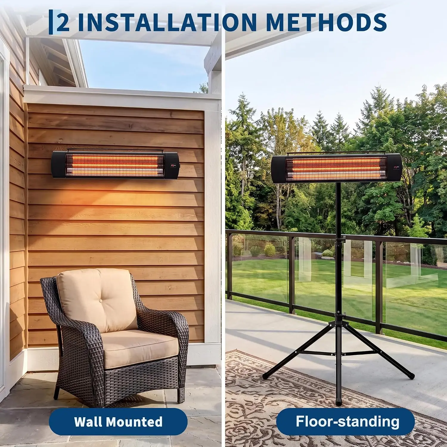 2000W Infrarot-Terrassenheizstrahler, IP65 Wasserdichtes Kohlefaser-Heizrohr, 24-Stunden-Timer & Fernbedienung mit Touch-Steuerung, Elektrischer Außenheizstrahler mit Stativ für Garten, Hinterhof und