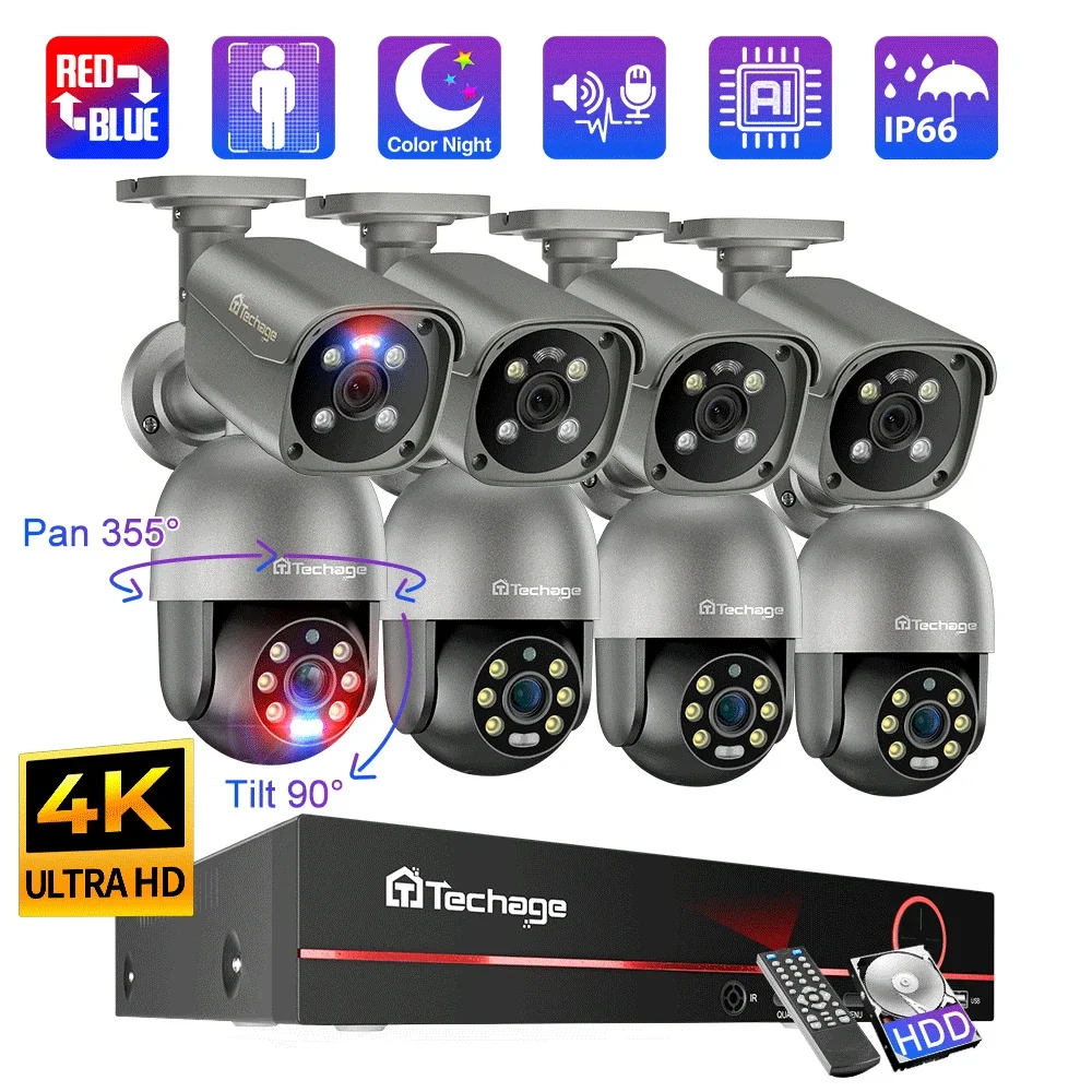 Techage UHD 8CH 8MP 4K PTZ POE Outdoor AI Тестирование человеческого тела Двусторонний диалог CCTV Видеонаблюдение H.265 NVR