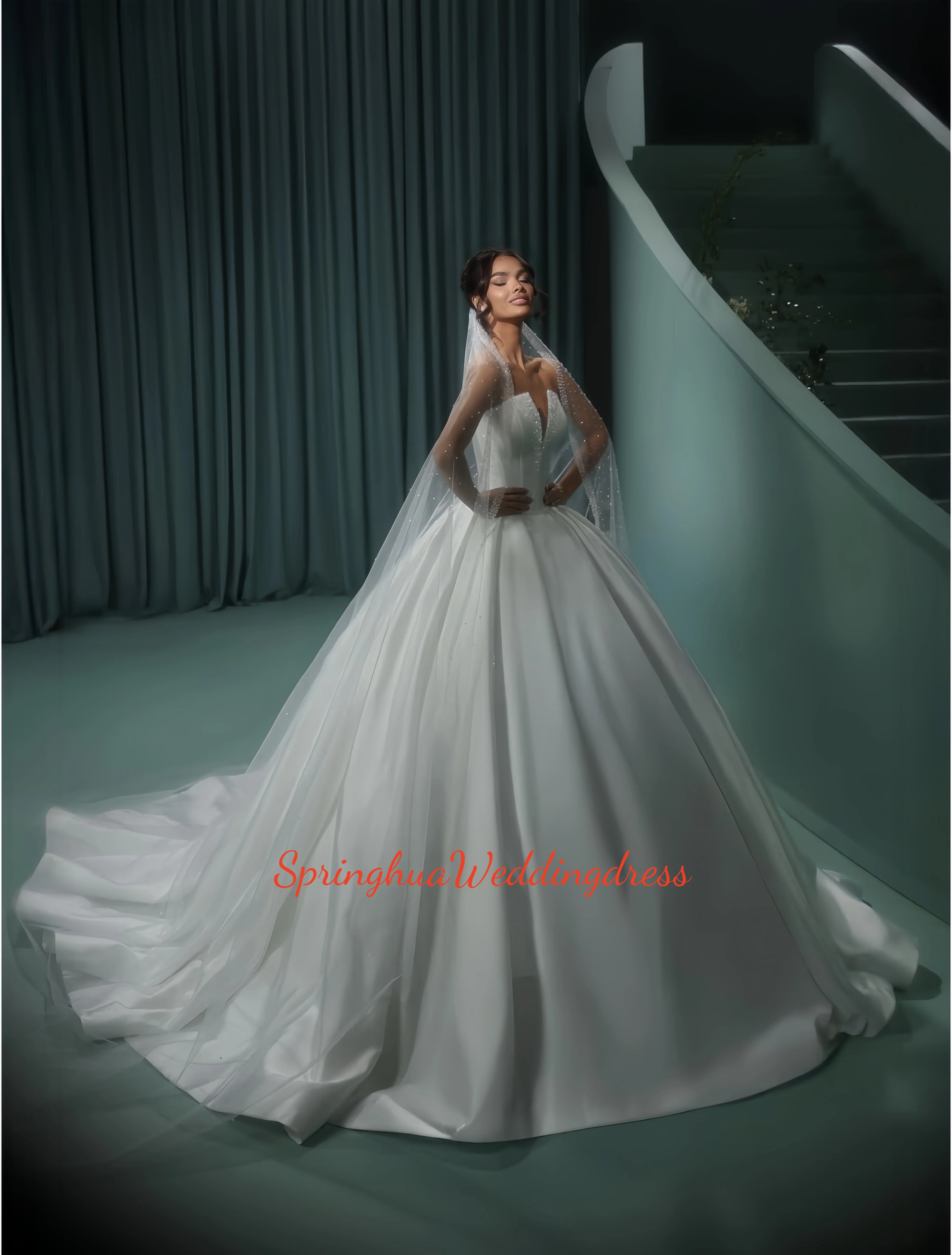 Customized simple strapless V-neck, backless beaded satin wedding dress for ladies