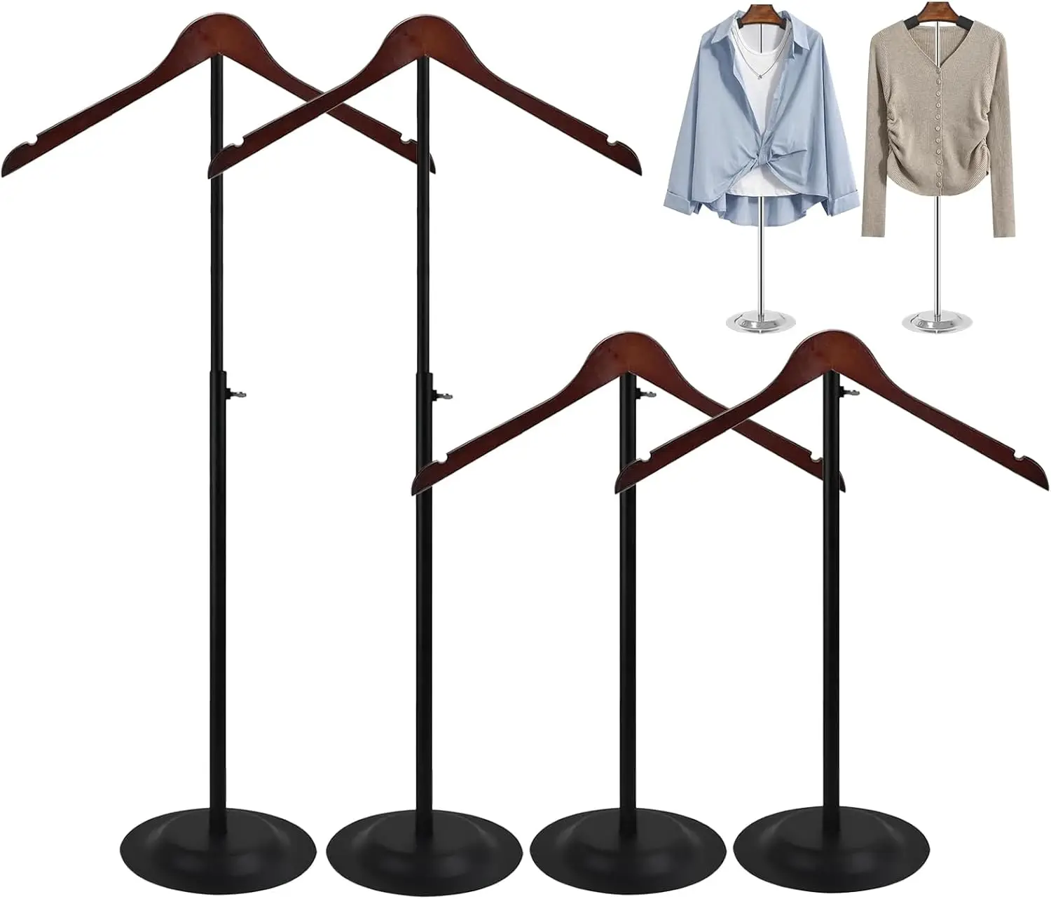 

4 Pack Adjustable T Shirt Display Stand, Wood Hanger with Metal Base for Retail Store, 17-31 Inch, Black