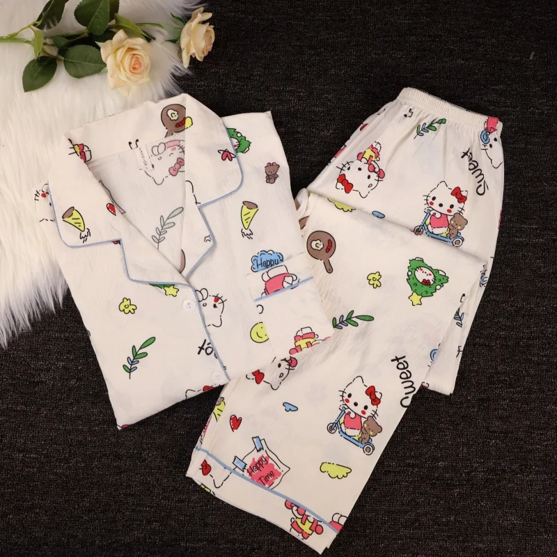 

Новый пижамный комплект с принтом «Hello Kitty», женская одежда для сна с длинными рукавами, домашняя одежда, удобный милый домашний наряд, весна-осень ​ Корейская мода