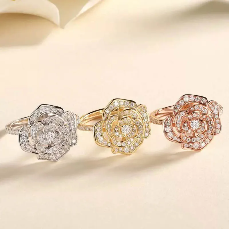 

925 Silver Flower Moissanite Ring Women Jewelry Pave D Color Lab Diamond Camellia Wedding Ring Rose Gold Plated Pass Tester