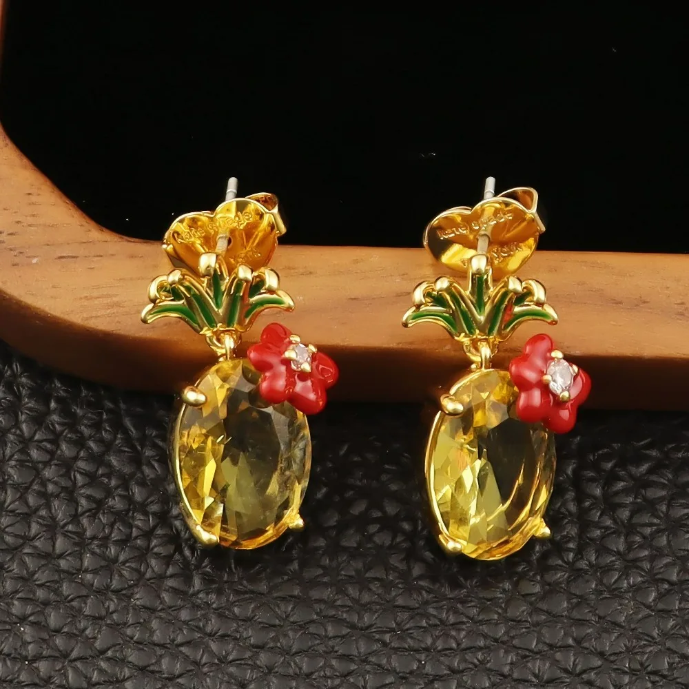 

Cute Sweet Pineapple Zircon Classic Fashion Enamel Flower Fruit Charm Earrings Valentines Day Earrings Luxury Earrings
