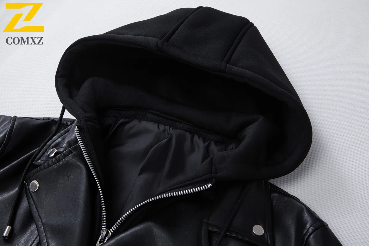 2025 New Leather Jacket Men's Vintage Fake 2 Pieces Hooded Windproof PU Leather Coat Autumn Man Motorcyclist Faux Leather Jacket