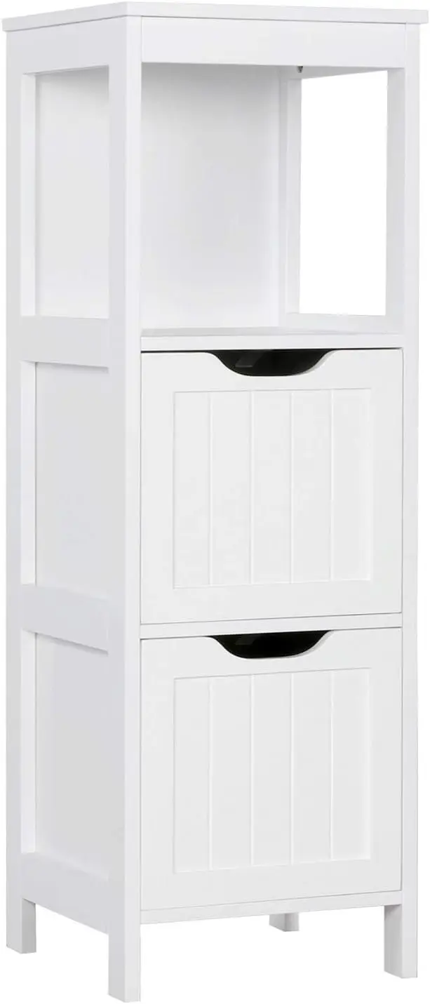 Floor Cabinet, Wooden Storage Cabinet with 2 Drawers, Multifunctional Side Organizer Rack Stand Table, White