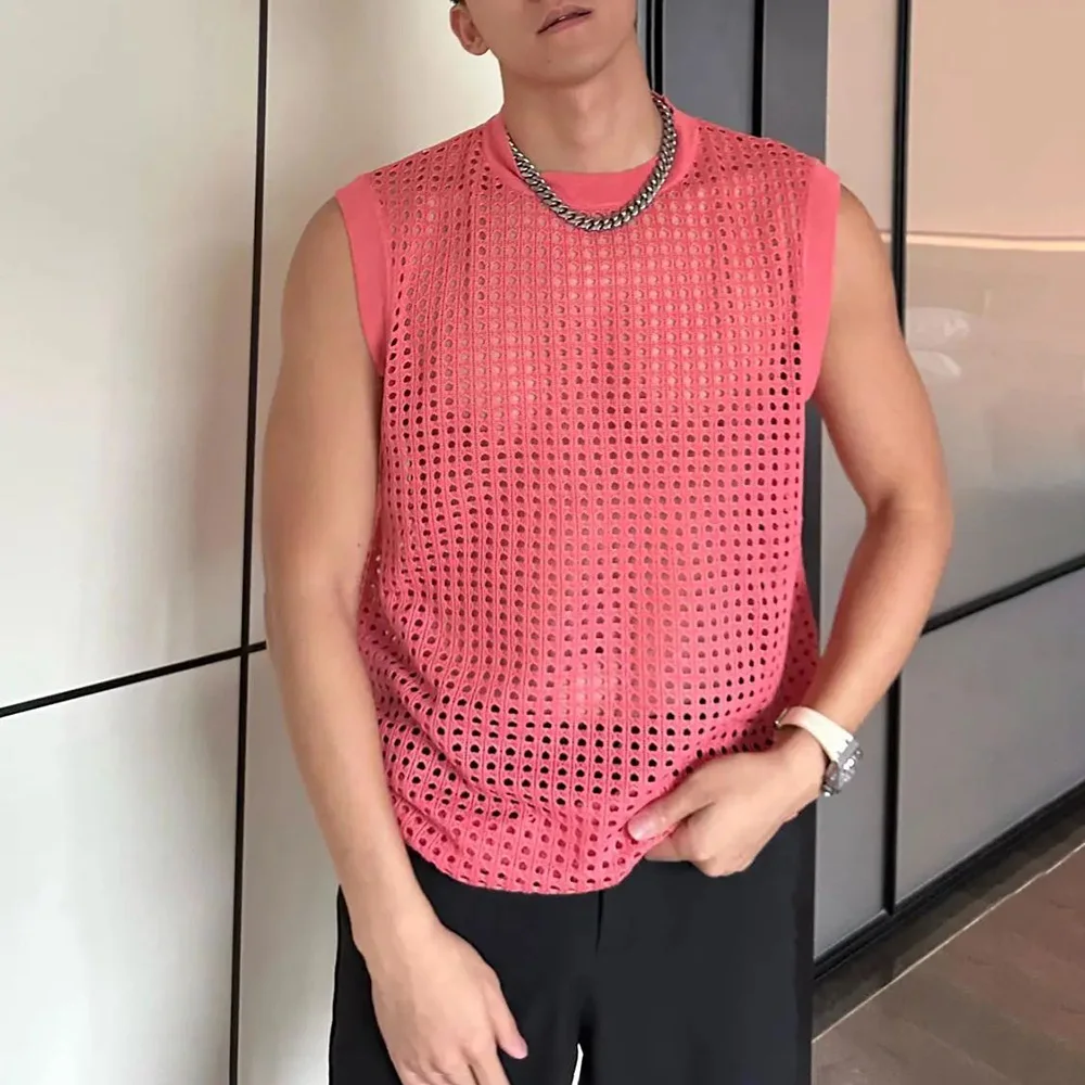 Mens Tank Top Mesh See Through Fitness Top Sexy Hollow Out Breathable Fit Nightclub Party Wear Sleeveless Vest Men'S Clothing