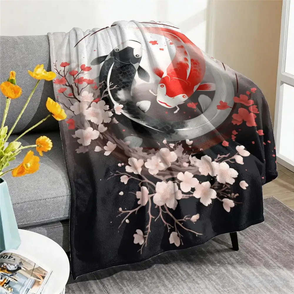 Lucky Koi Good Luck yin yang Throw Blanket Soft Flannel Throw Lightweight Summer Home Nap for Office Travel Sofa Bed
