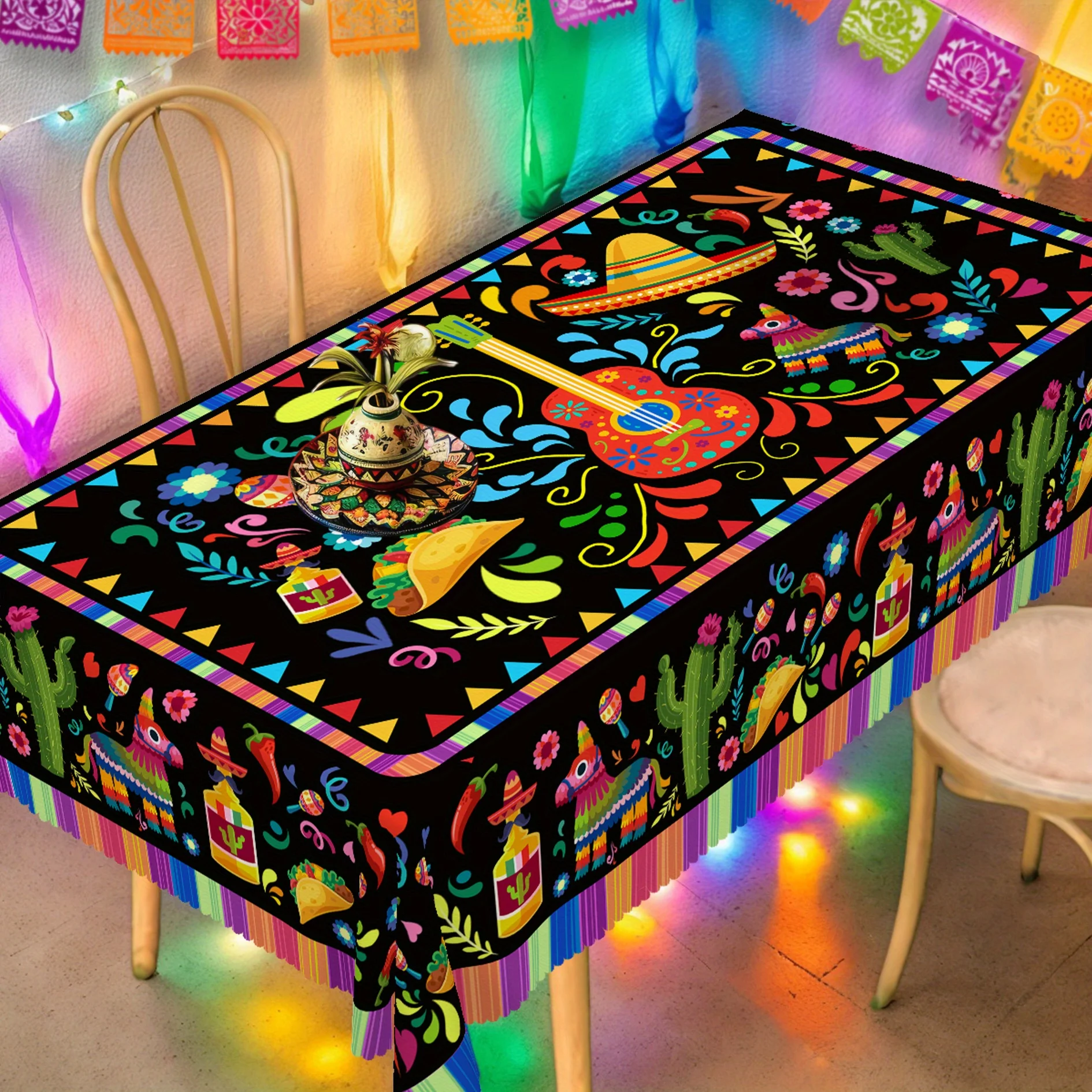 One Mexican-themed floral tablecloth with guitar, cactus and pony designs -yzb